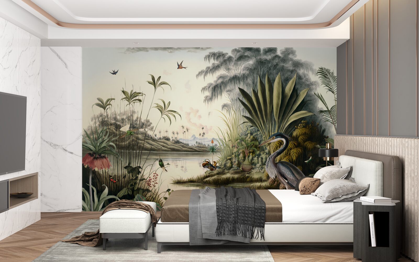 Fototapeta Žeriav pri zelenkastom rybníku