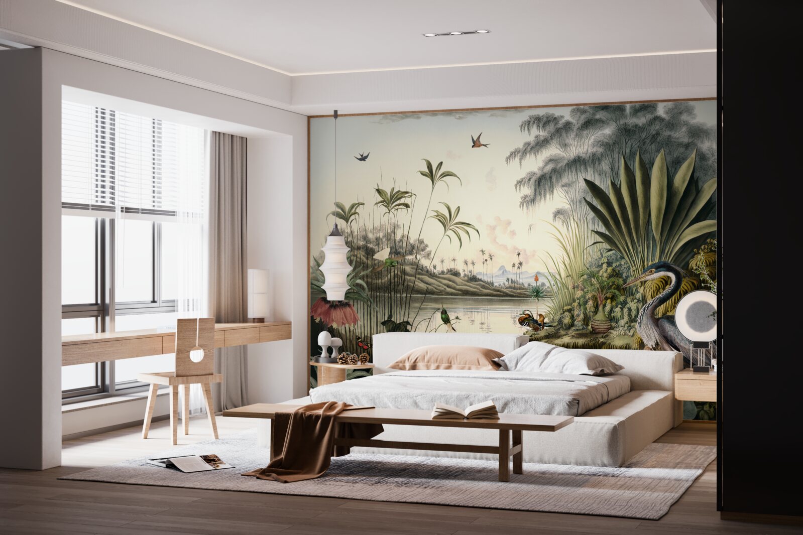 Fototapeta Žeriav pri zelenkastom rybníku