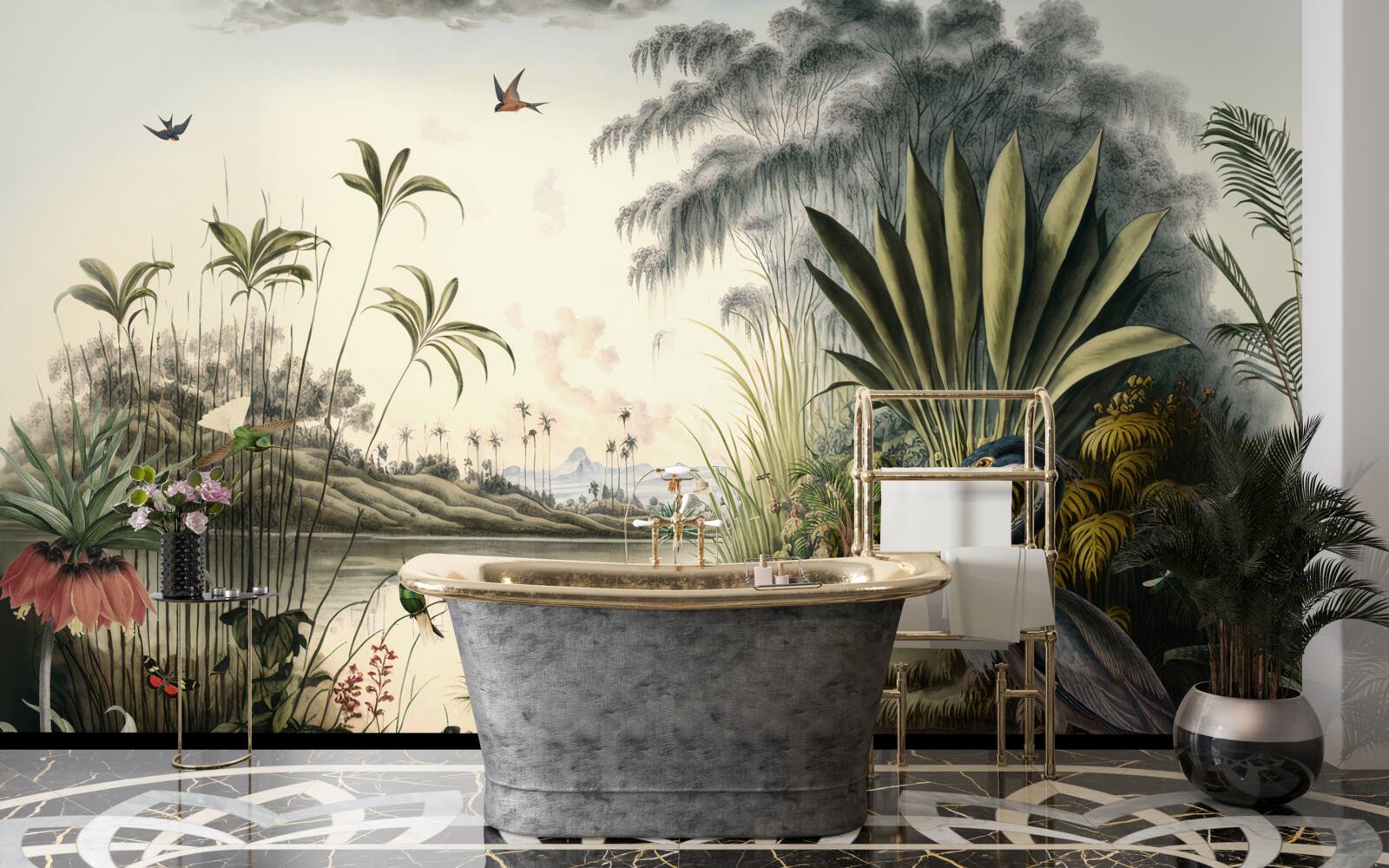 Fototapeta Žeriav pri zelenkastom rybníku