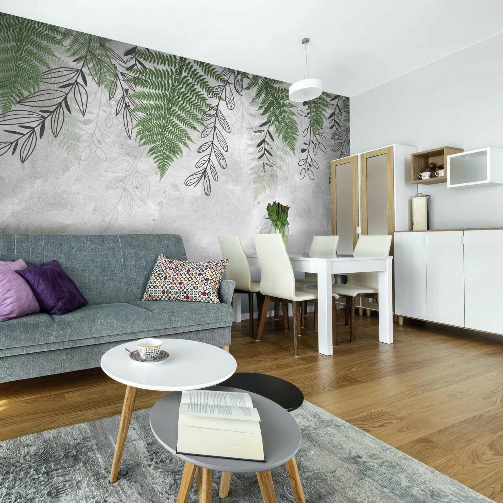 Fototapeta listy paprade v zelenom odtieni na sivom podklade