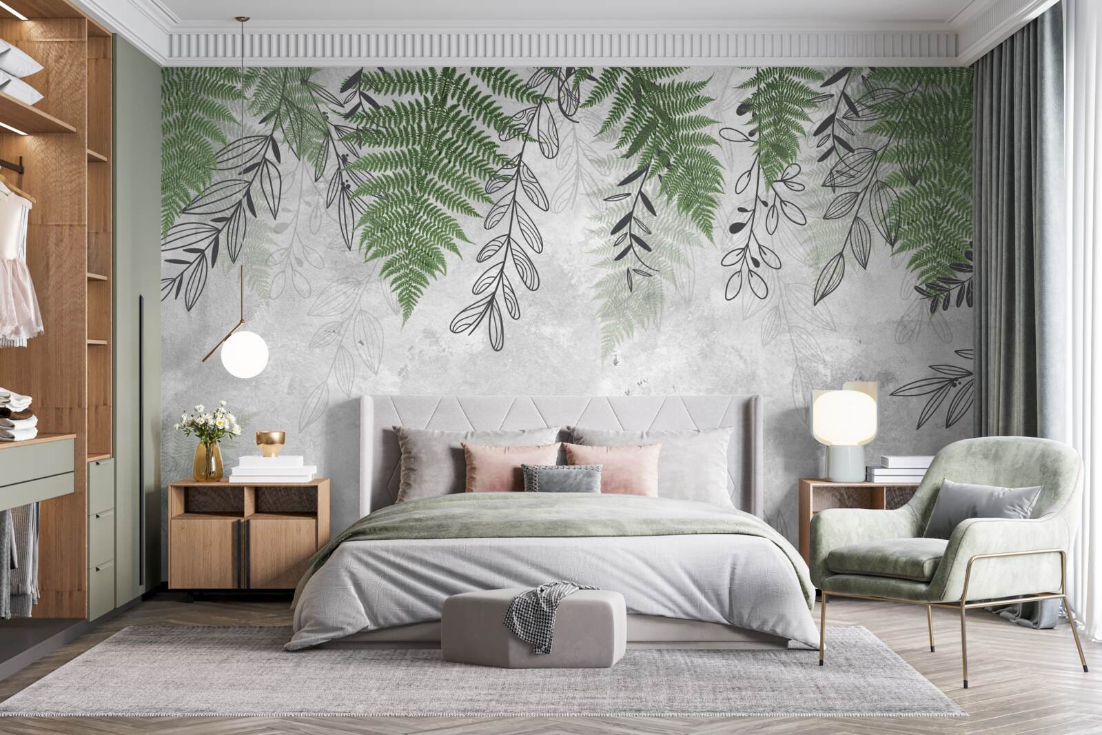 Fototapeta listy paprade v zelenom odtieni na sivom podklade