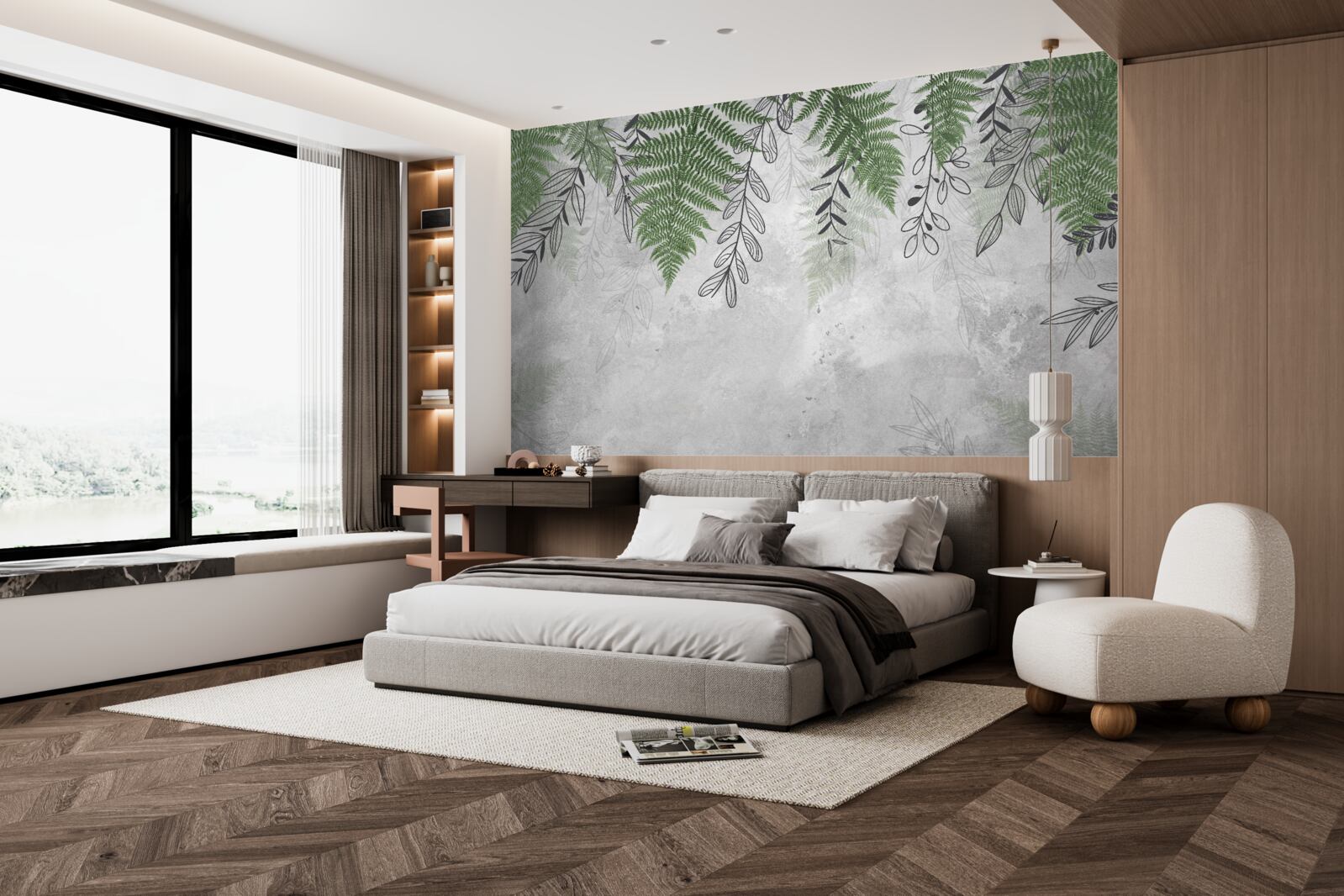 Fototapeta listy paprade v zelenom odtieni na sivom podklade