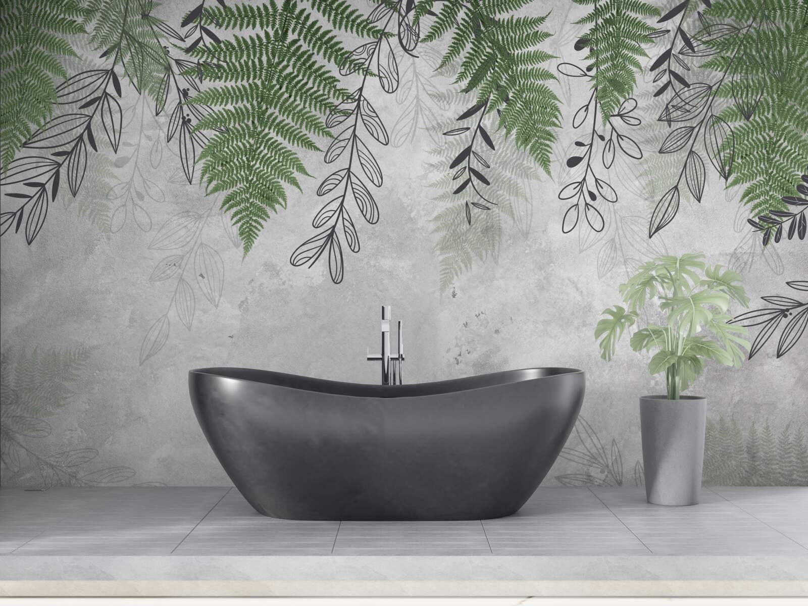 Fototapeta listy paprade v zelenom odtieni na sivom podklade