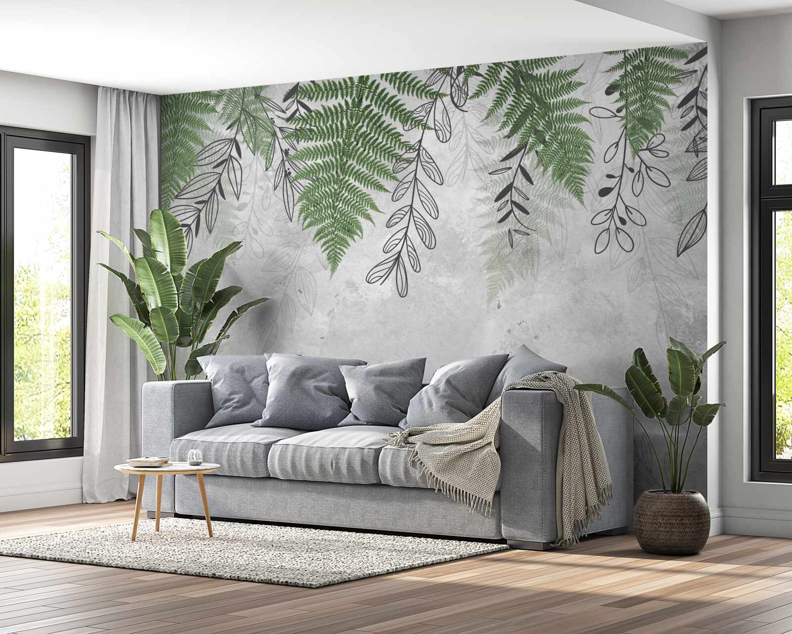 Fototapeta listy paprade v zelenom odtieni na sivom podklade