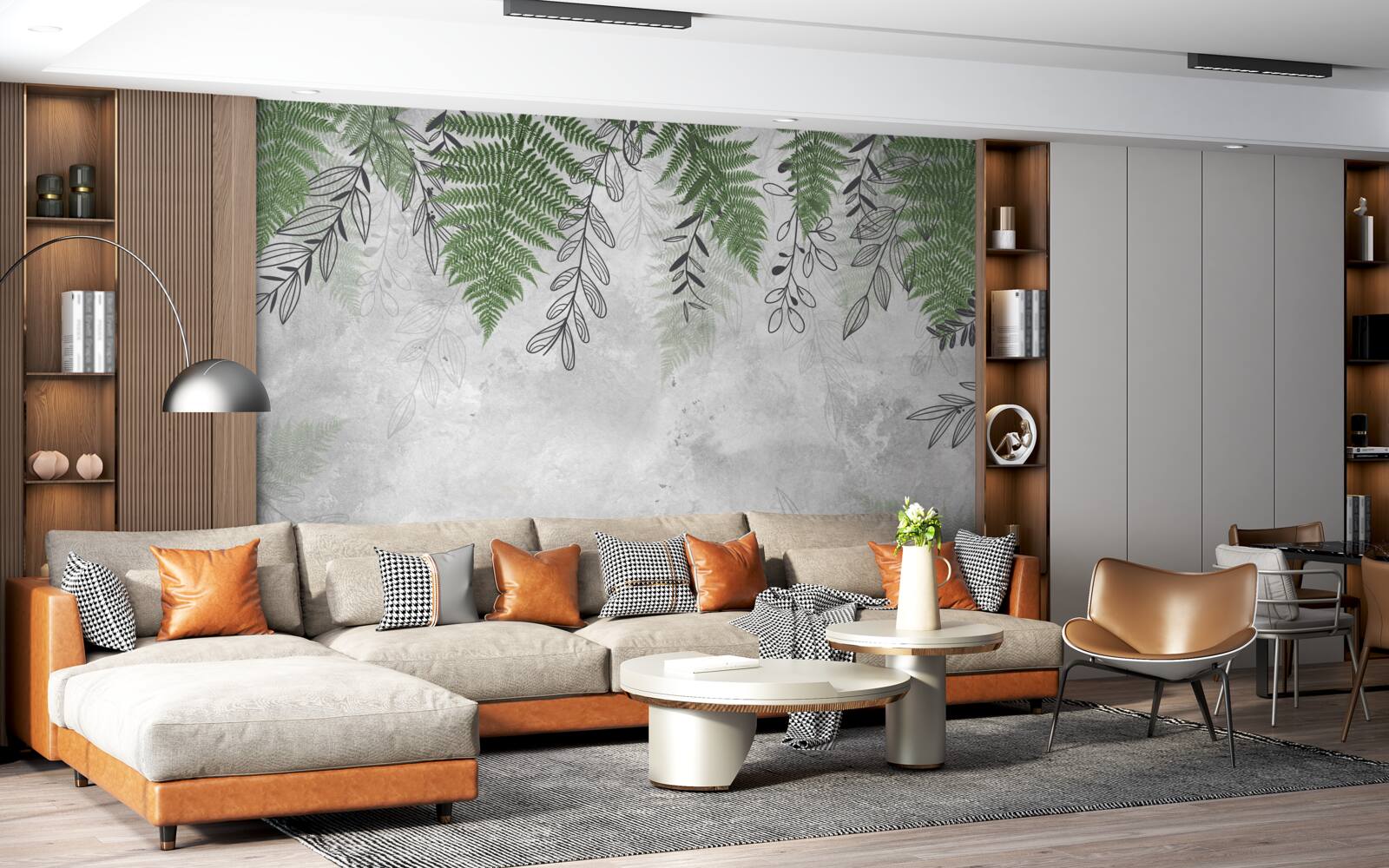 Fototapeta listy paprade v zelenom odtieni na sivom podklade