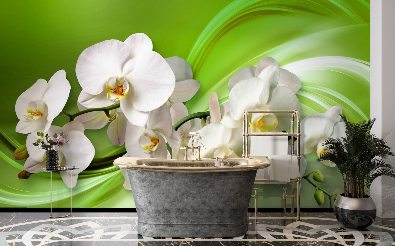 Fototapeta biele orchidey umiestnené na konári na zelenom pozadí