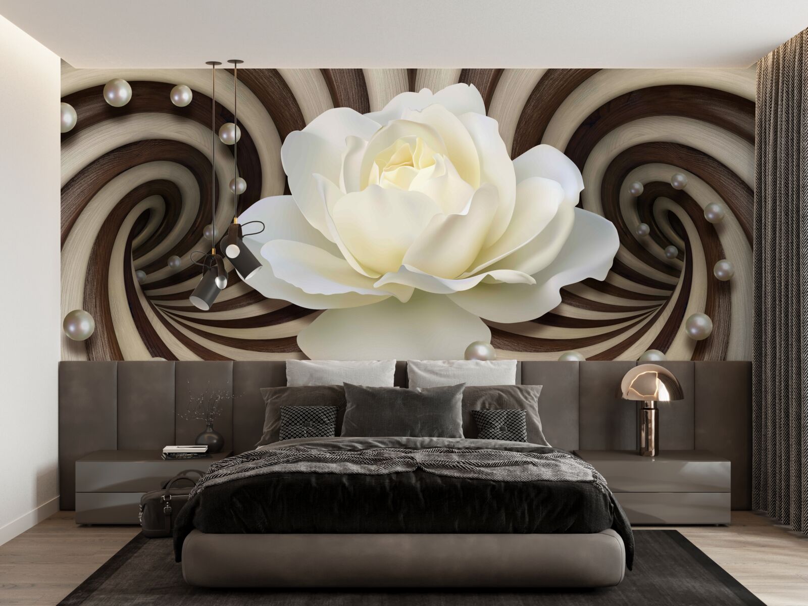 Fototapeta ruža je biela s perleťovými ozdobami a kučerami