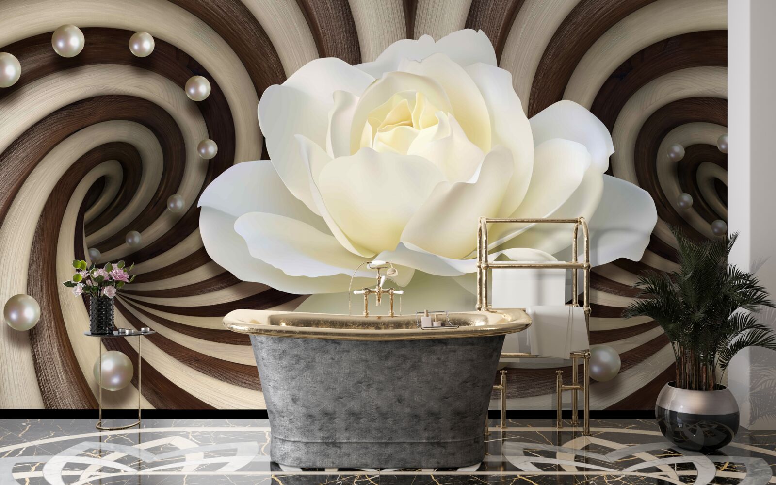 Fototapeta ruža je biela s perleťovými ozdobami a kučerami