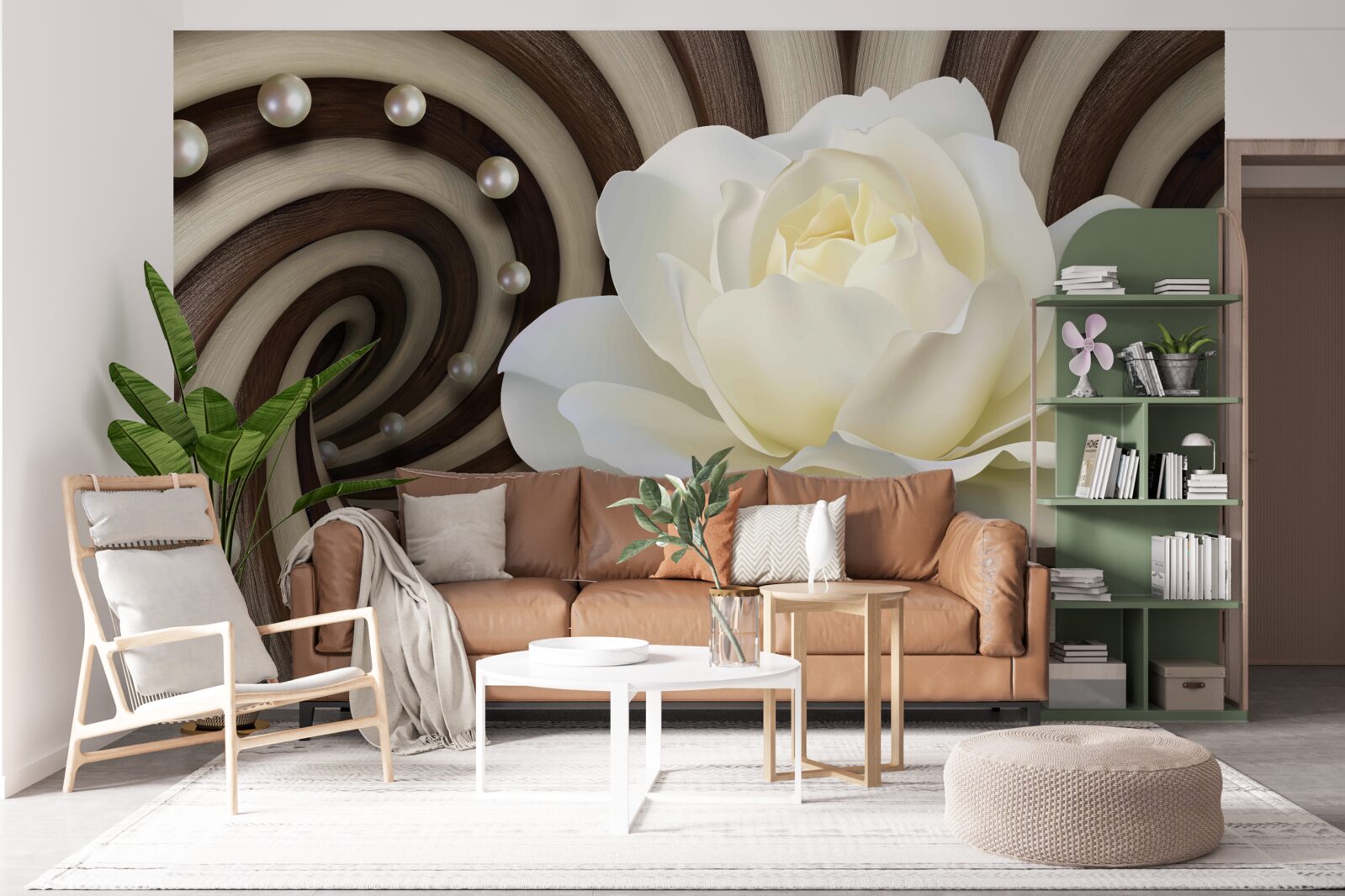 Fototapeta ruža je biela s perleťovými ozdobami a kučerami