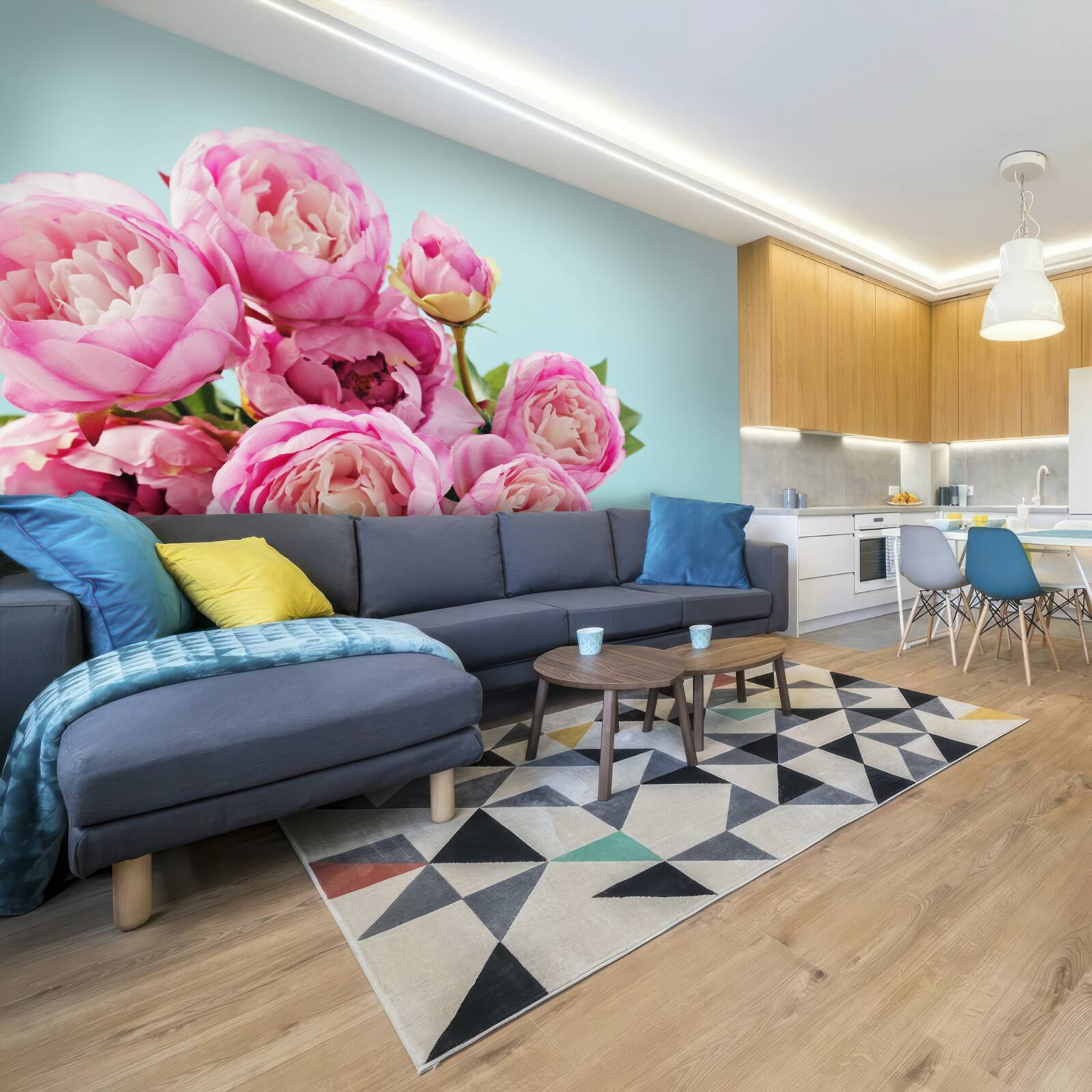 Fototapeta ružový kvet podobný pivonke na modrom podklade