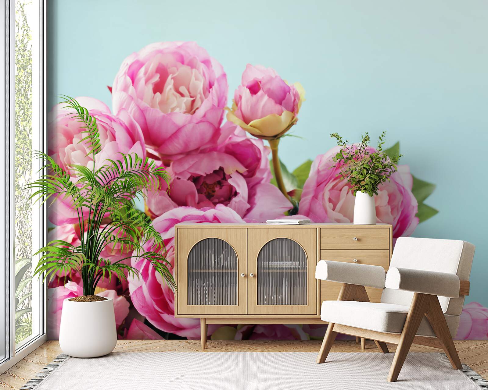 Fototapeta ružový kvet podobný pivonke na modrom podklade