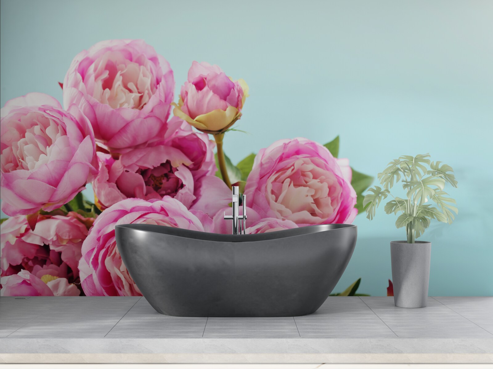 Fototapeta ružový kvet podobný pivonke na modrom podklade