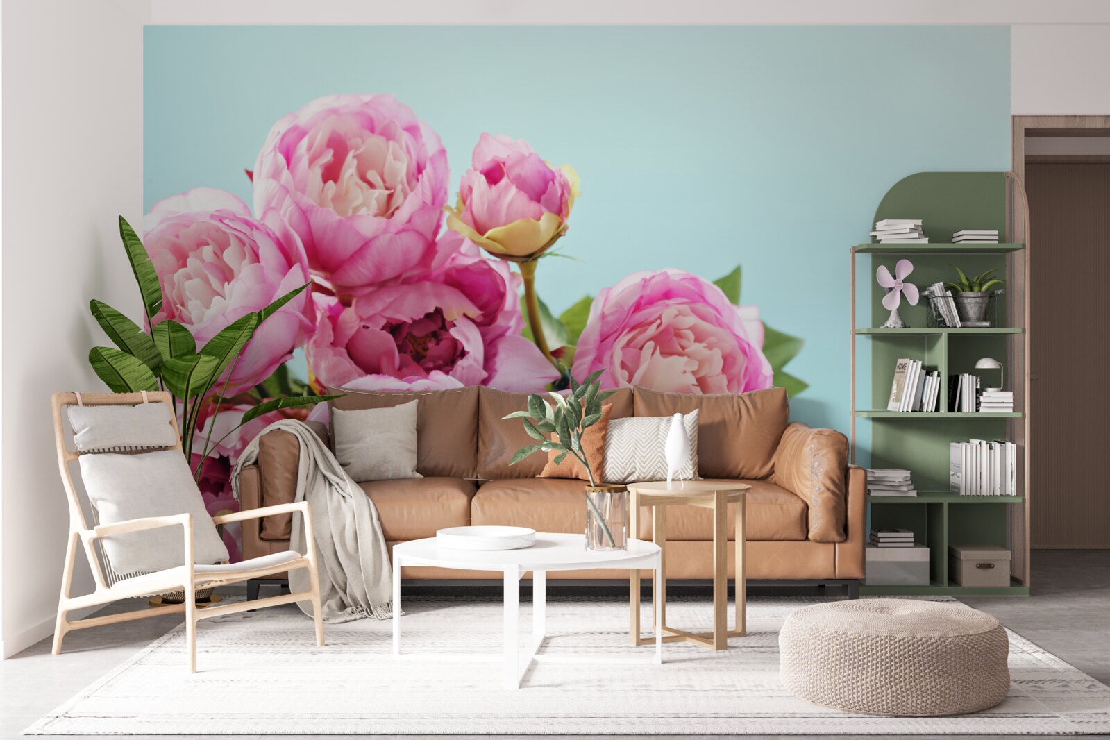 Fototapeta ružový kvet podobný pivonke na modrom podklade