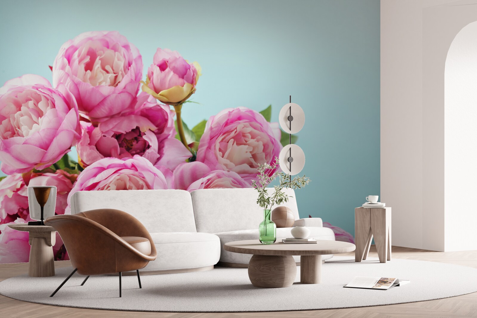 Fototapeta ružový kvet podobný pivonke na modrom podklade