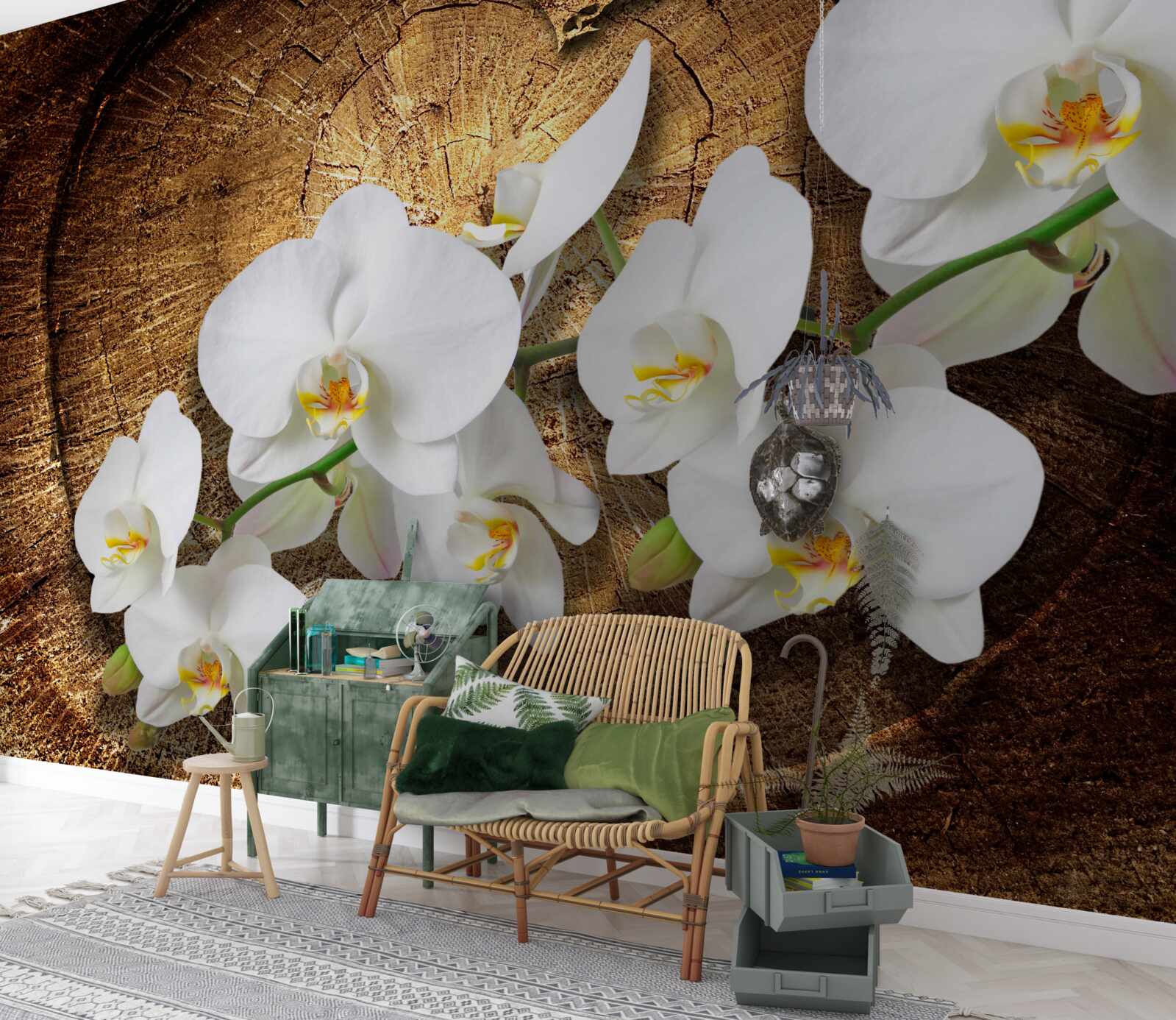 Fototapeta Snehobiela orchidea na rezanom kmeni stromu