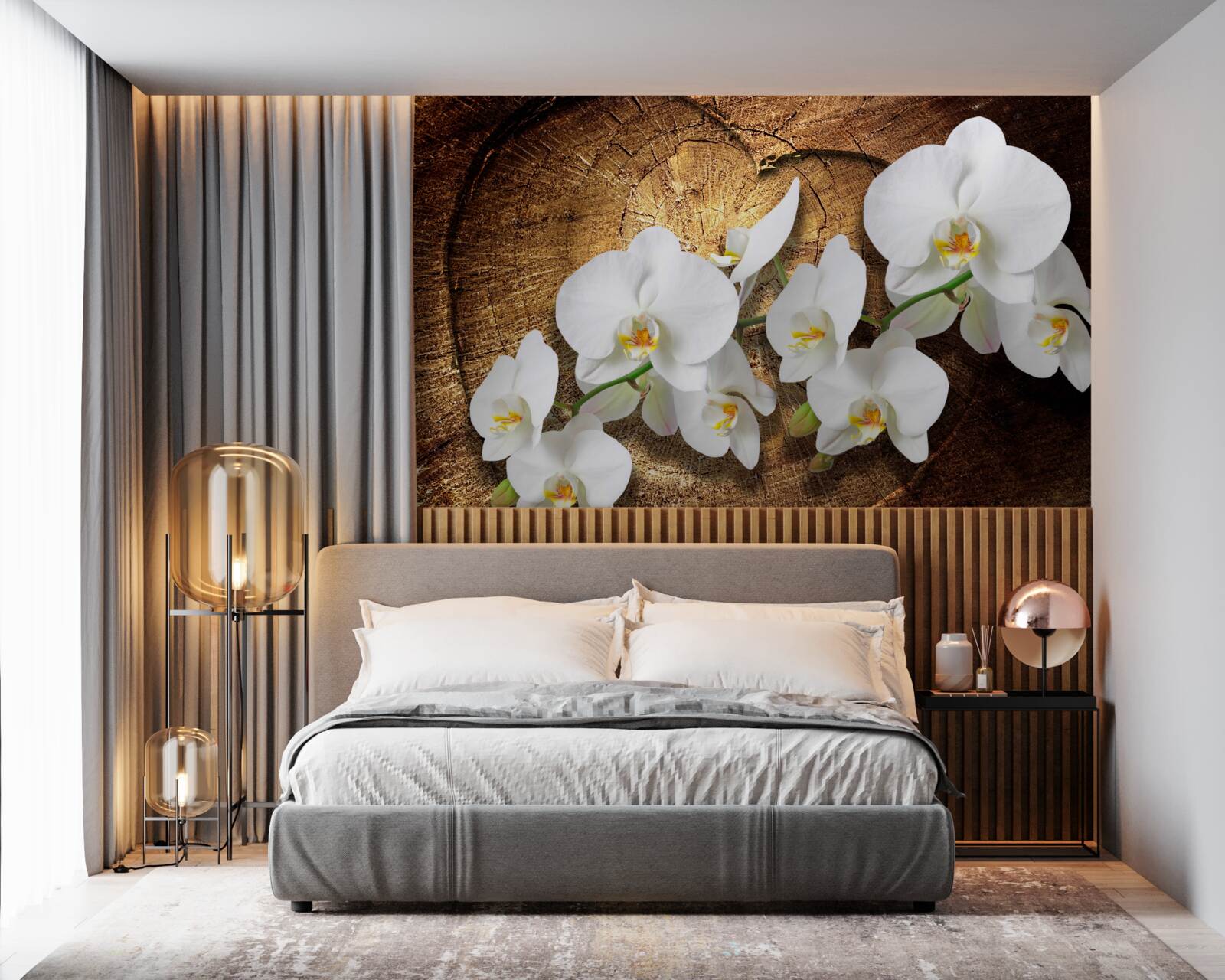 Fototapeta Snehobiela orchidea na rezanom kmeni stromu