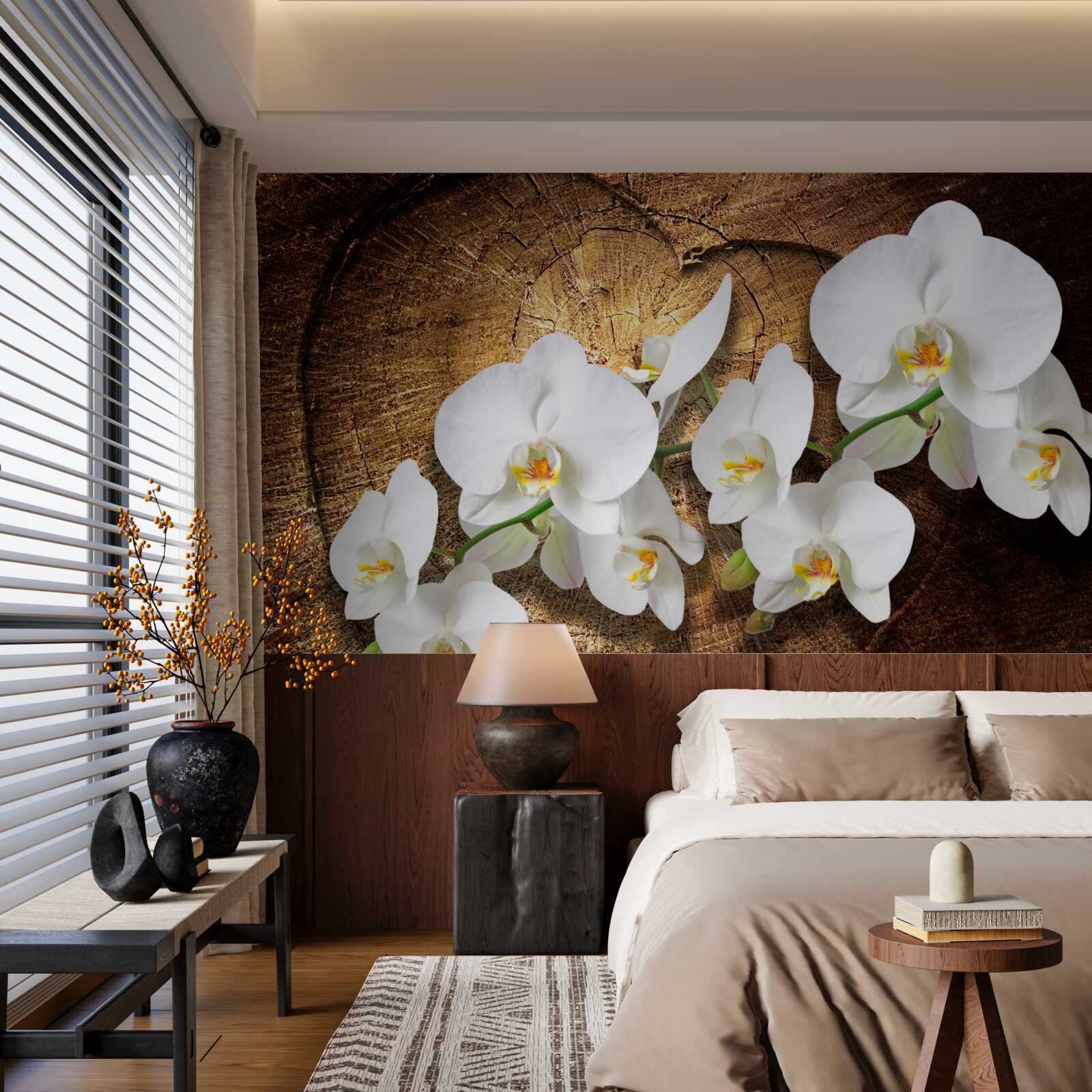 Fototapeta Snehobiela orchidea na rezanom kmeni stromu