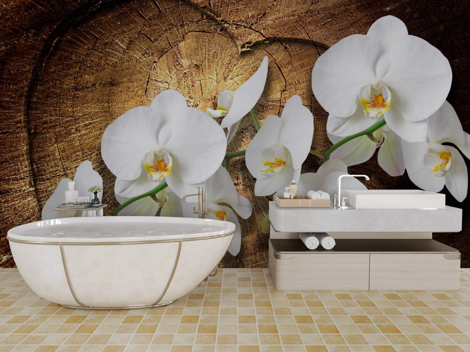 Fototapeta Snehobiela orchidea na rezanom kmeni stromu