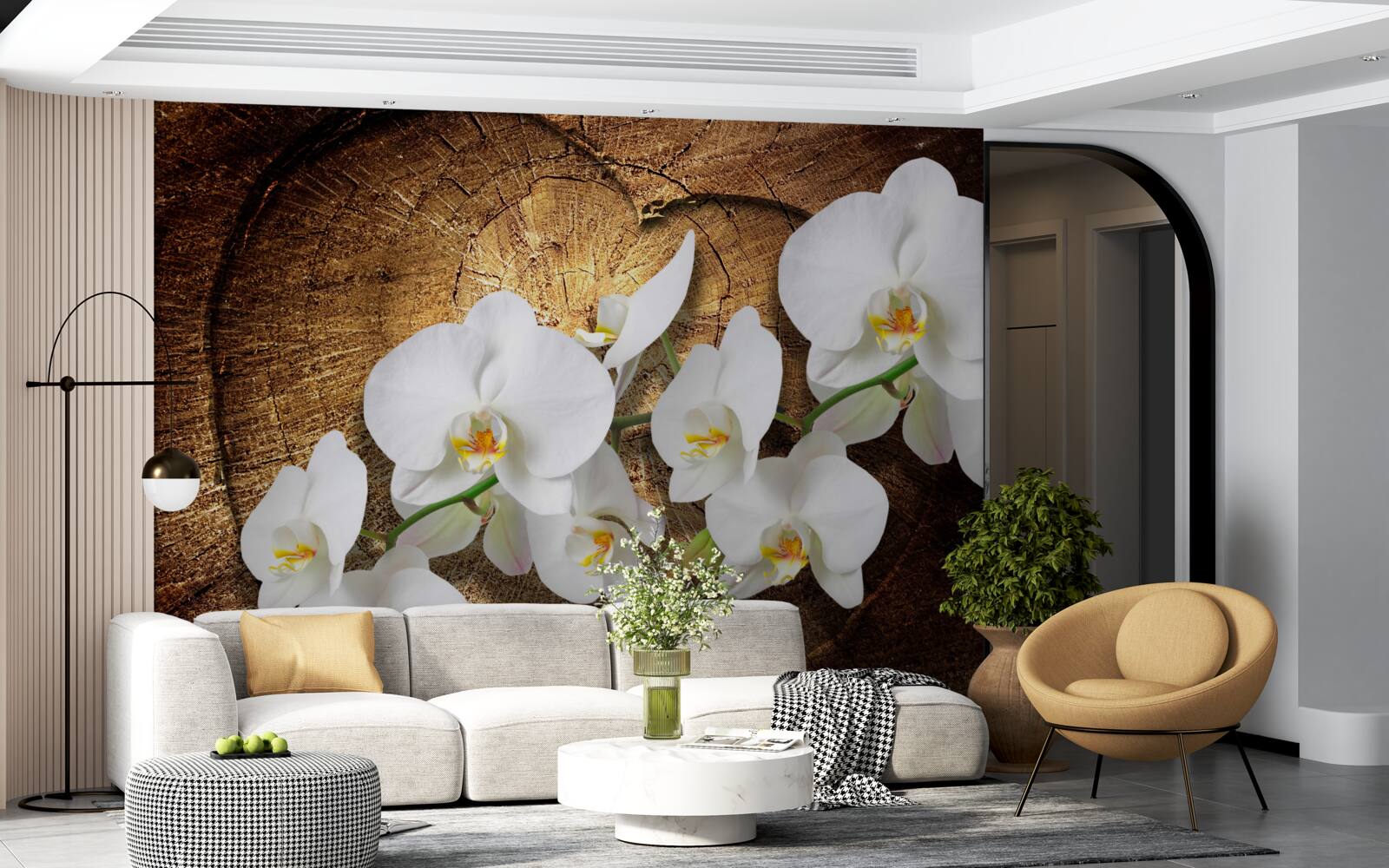 Fototapeta Snehobiela orchidea na rezanom kmeni stromu