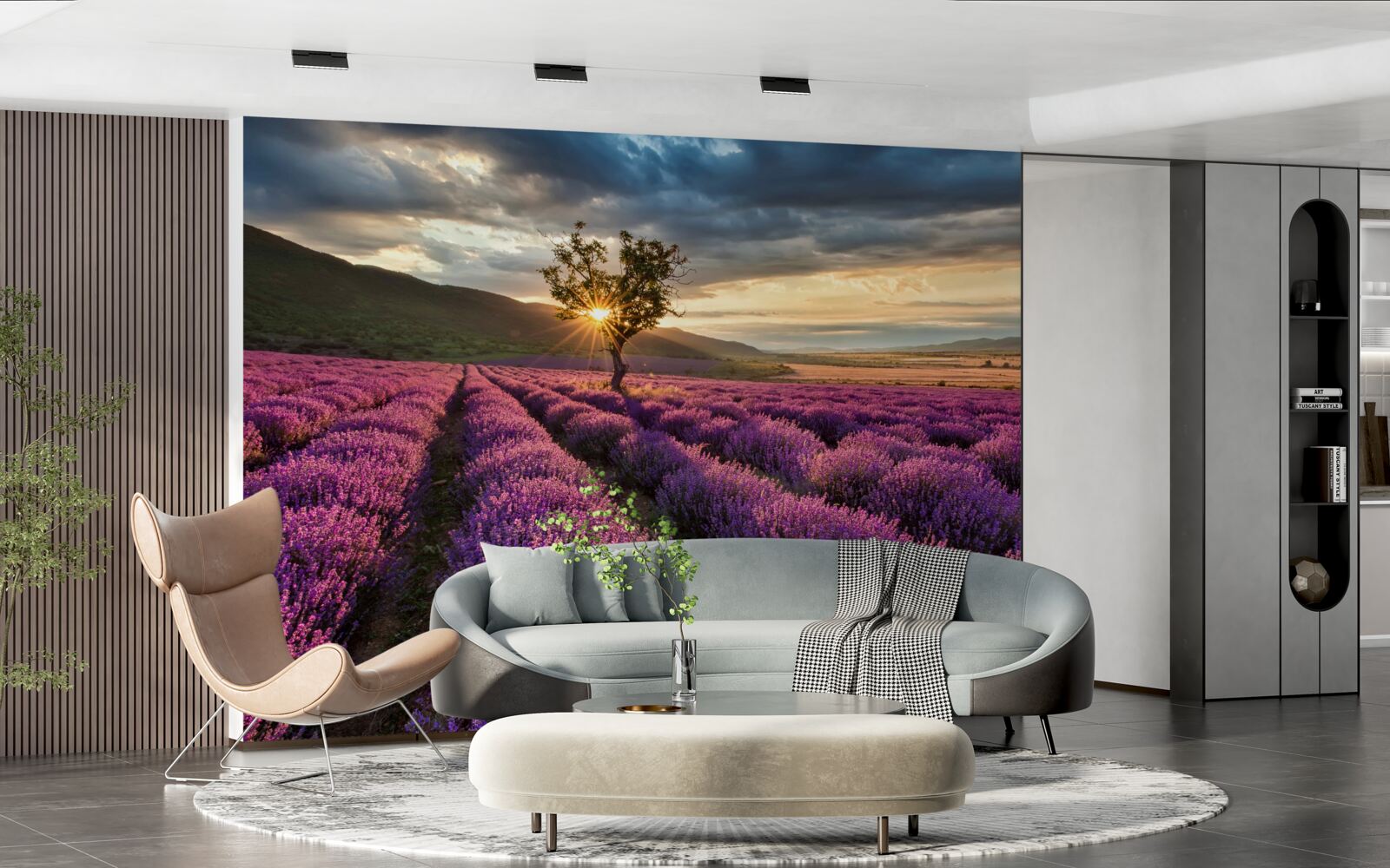 Fototapeta západ slnka v levanduľovom poli obklopuje izolovaný strom