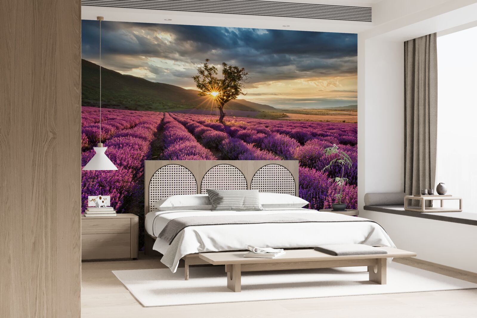 Fototapeta západ slnka v levanduľovom poli obklopuje izolovaný strom