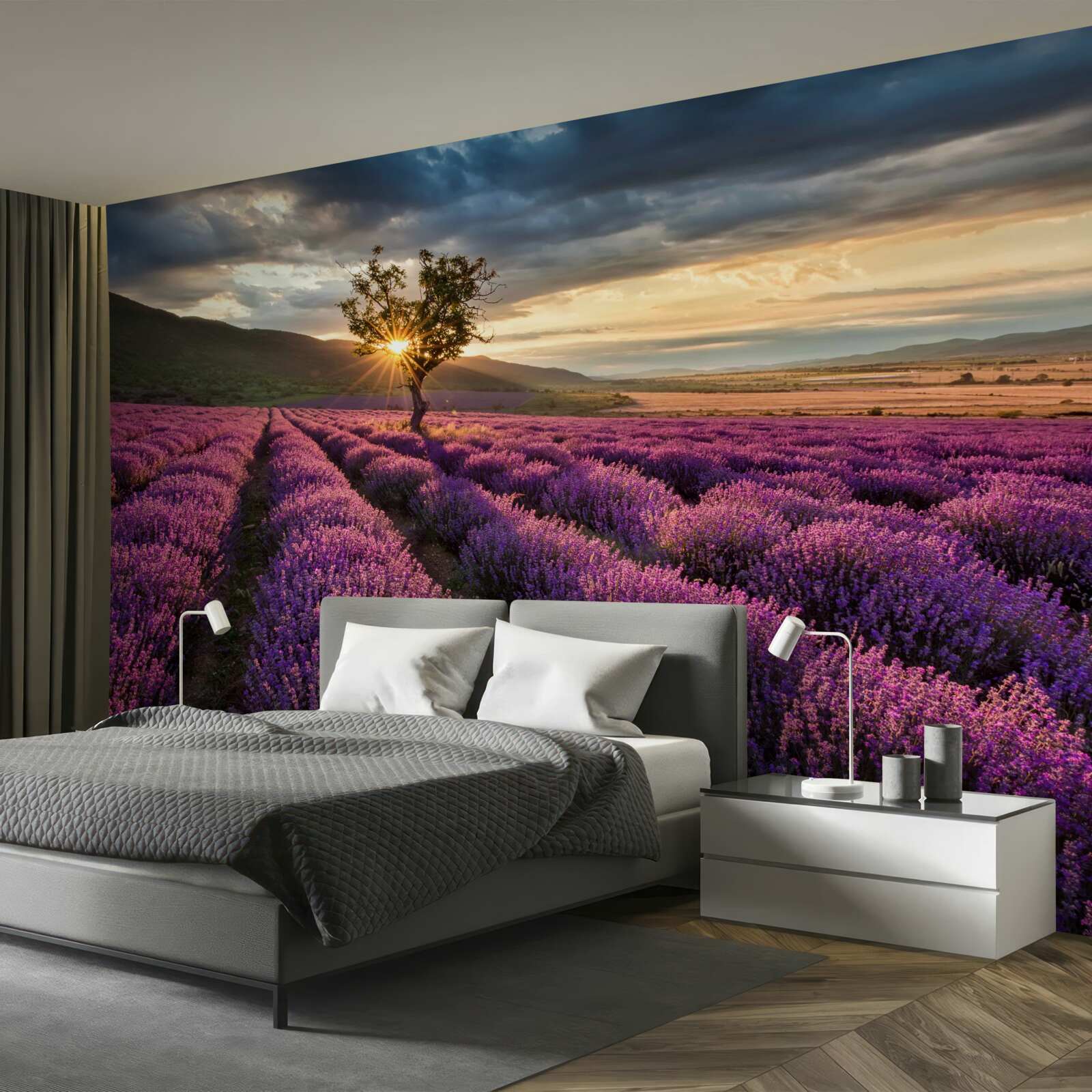 Fototapeta západ slnka v levanduľovom poli obklopuje izolovaný strom