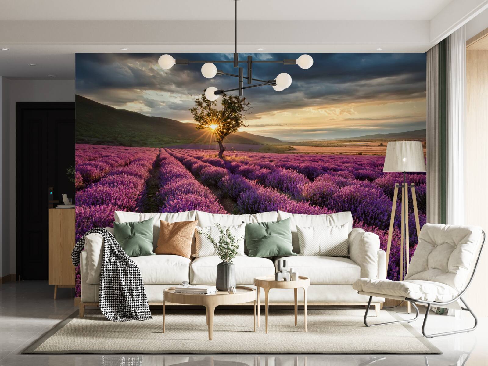 Fototapeta západ slnka v levanduľovom poli obklopuje izolovaný strom