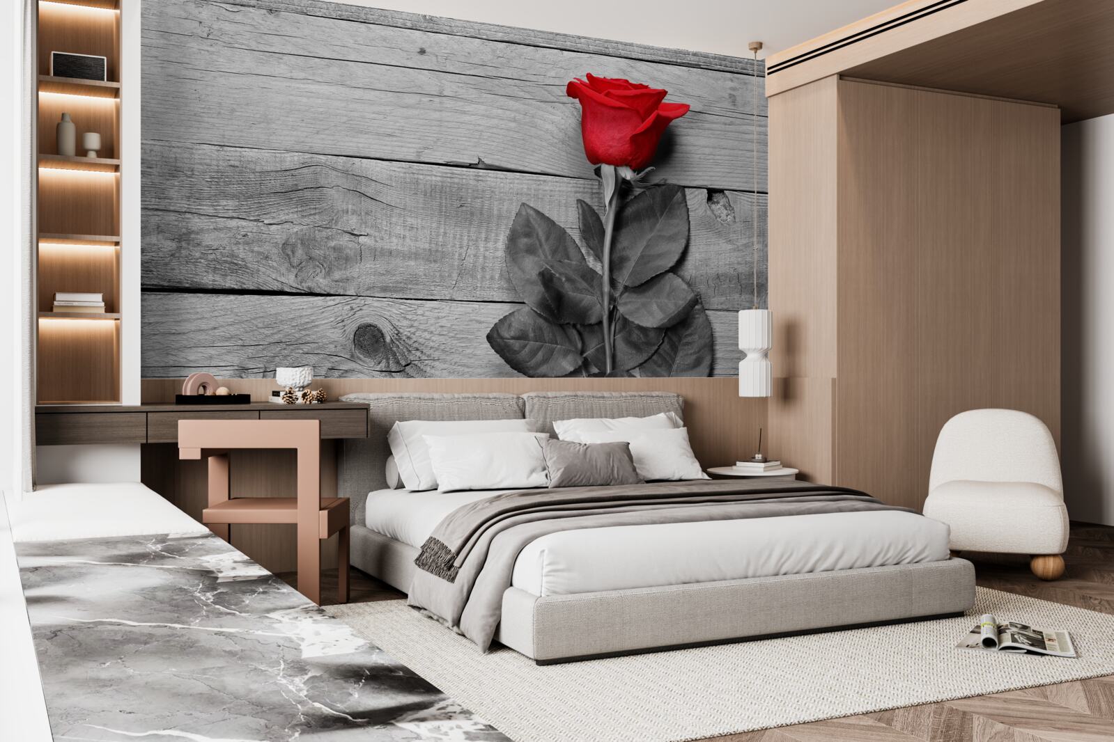 Fototapeta kytica v červenej farbe na pozadí odtieňov čiernej a bielej