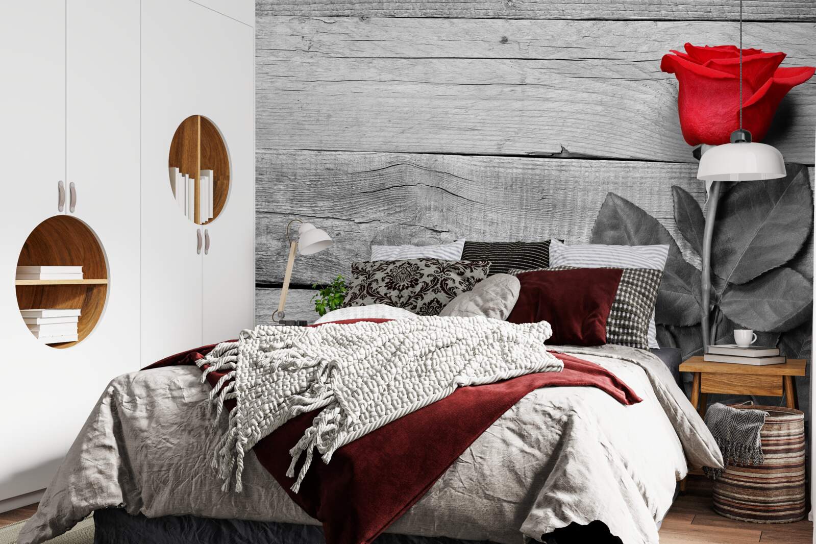 Fototapeta kytica v červenej farbe na pozadí odtieňov čiernej a bielej