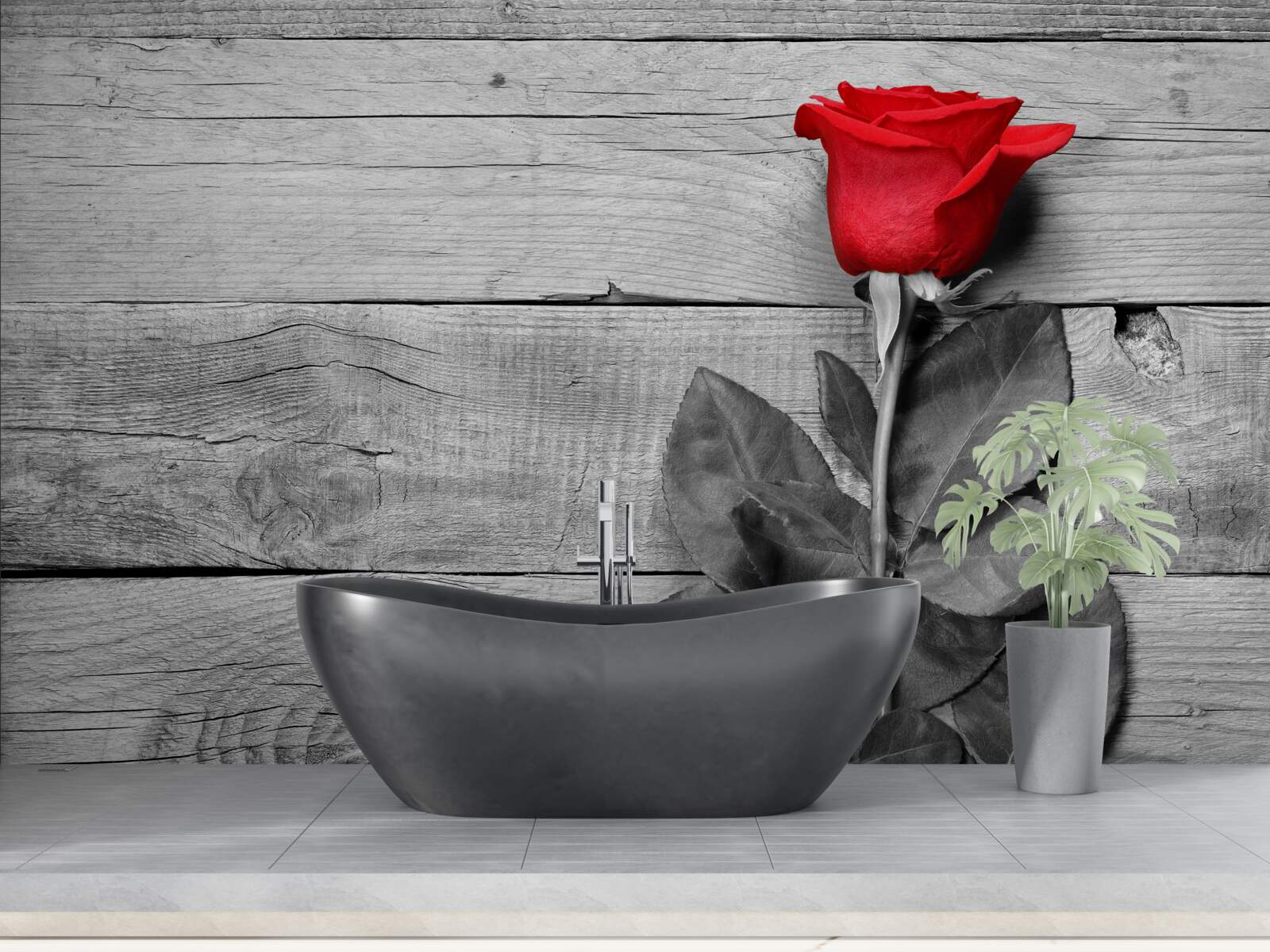 Fototapeta kytica v červenej farbe na pozadí odtieňov čiernej a bielej