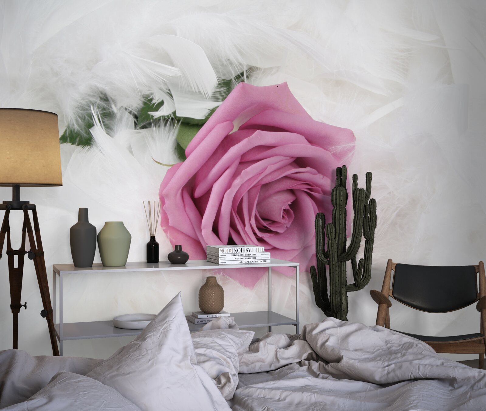 Fototapeta fialová ruža obklopená bielym perím