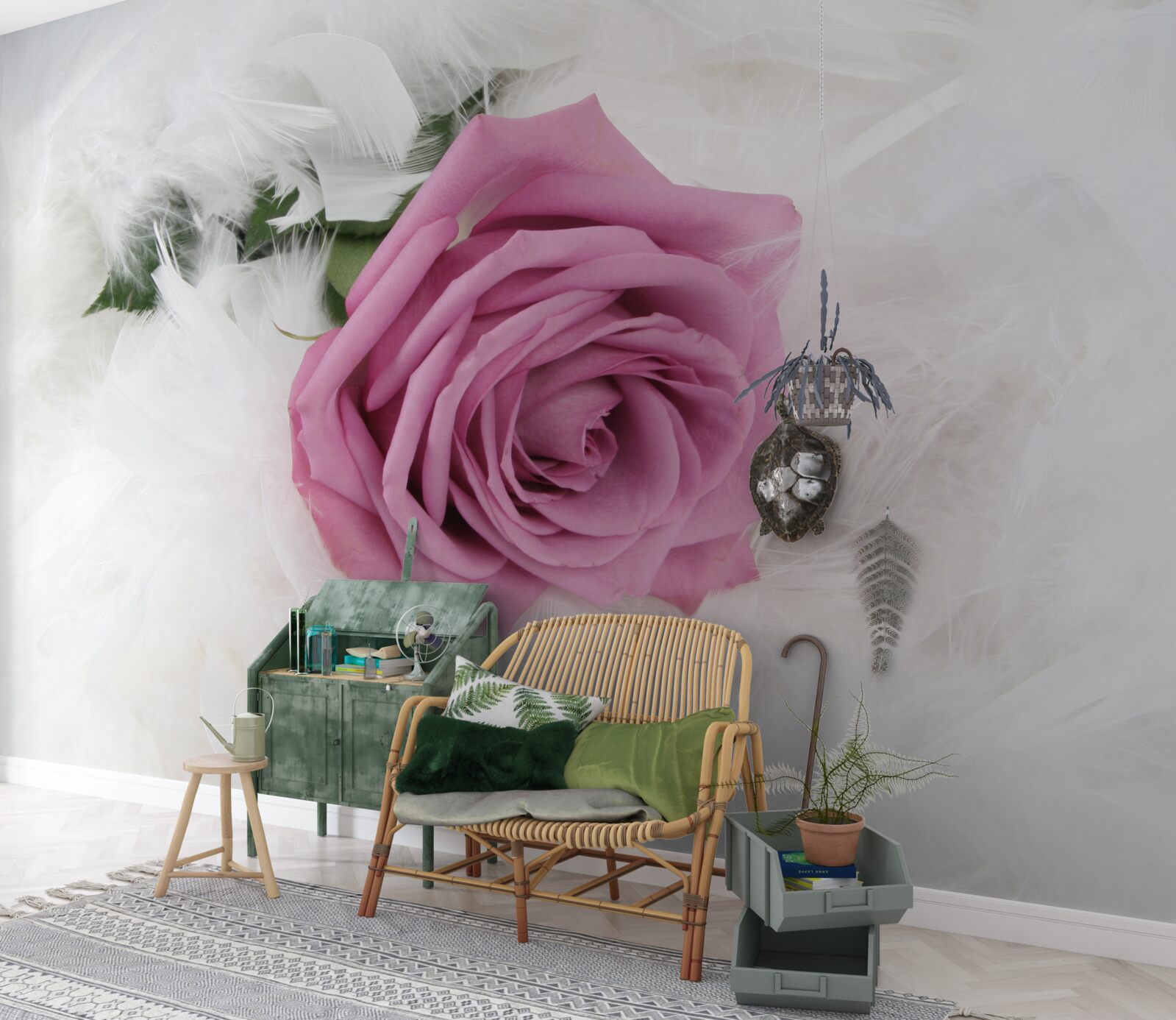 Fototapeta fialová ruža obklopená bielym perím