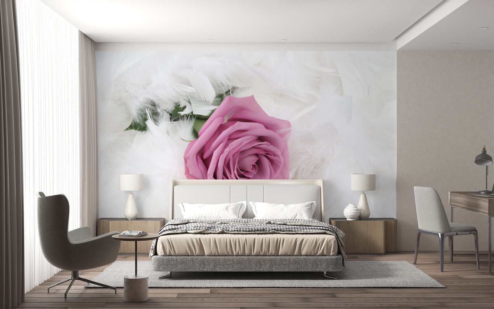 Fototapeta fialová ruža obklopená bielym perím