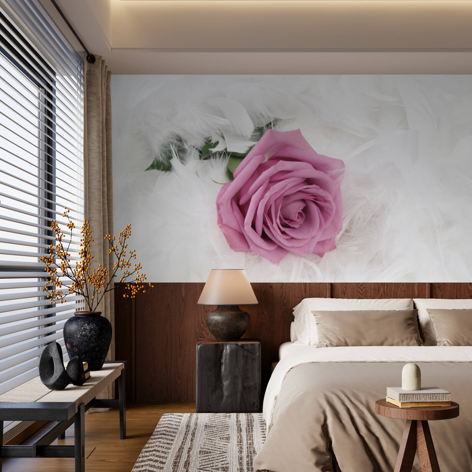 Fototapeta fialová ruža obklopená bielym perím