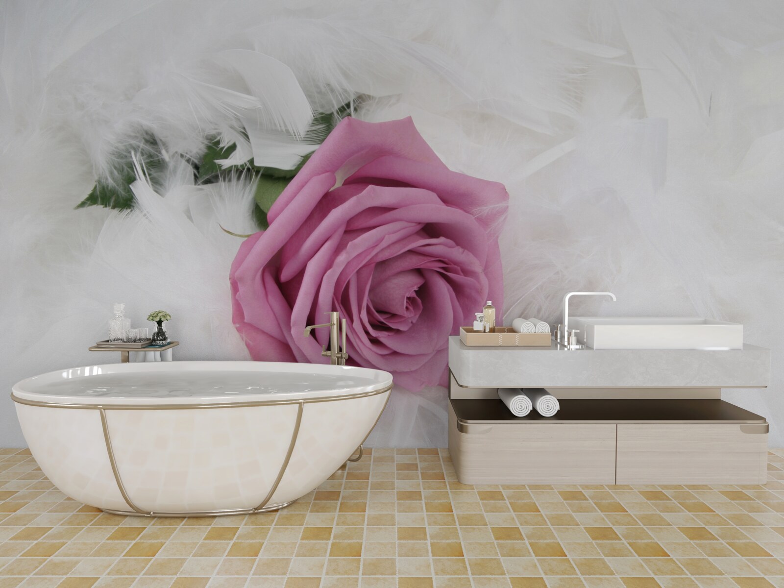 Fototapeta fialová ruža obklopená bielym perím