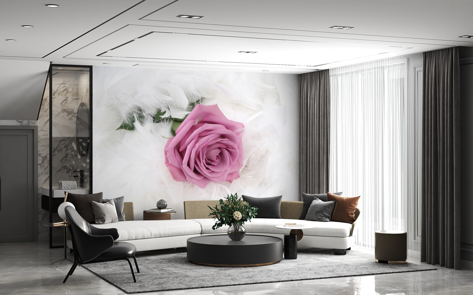 Fototapeta fialová ruža obklopená bielym perím