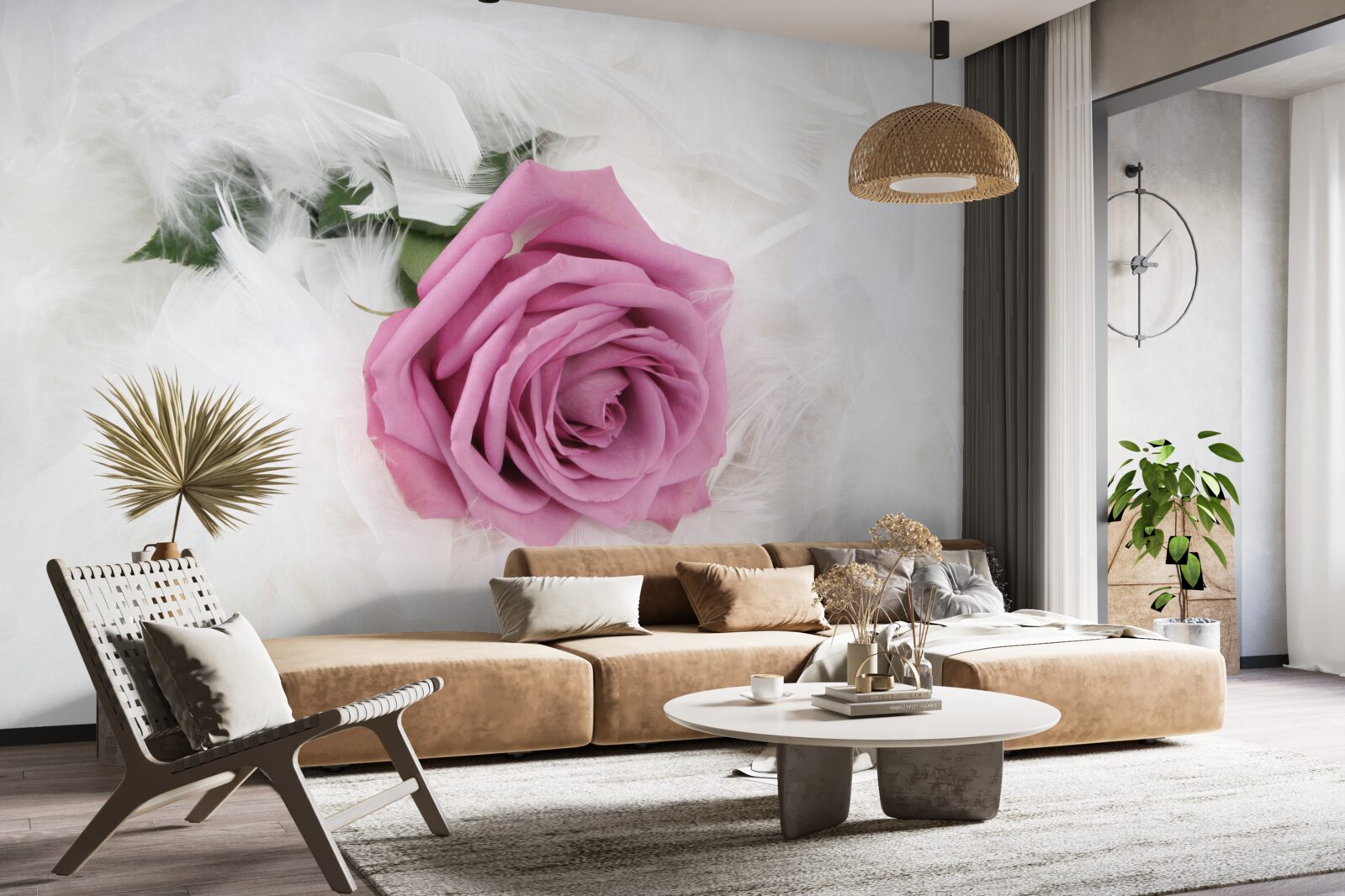 Fototapeta fialová ruža obklopená bielym perím