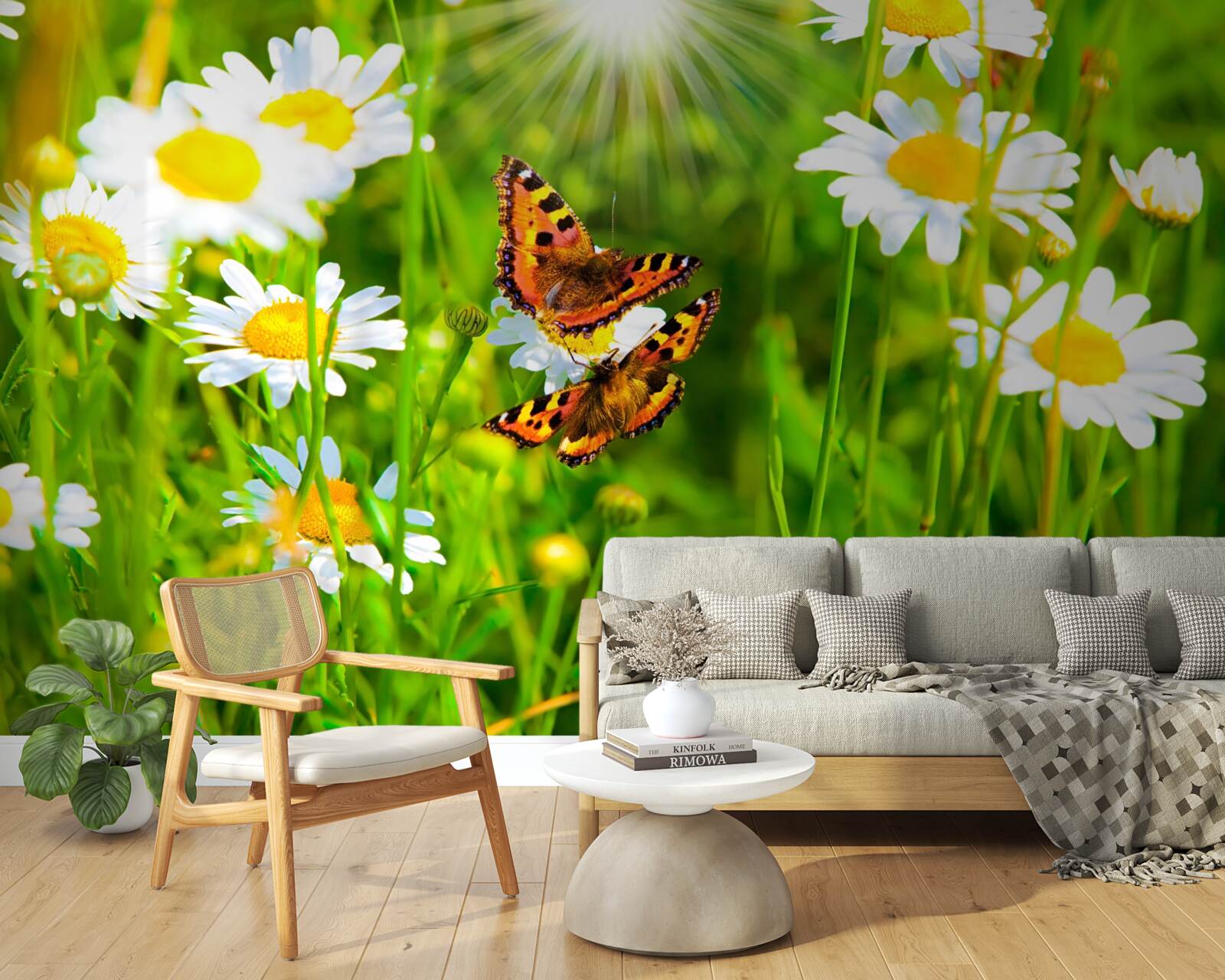 Fototapeta harmančeky na poli posiatom motýľmi