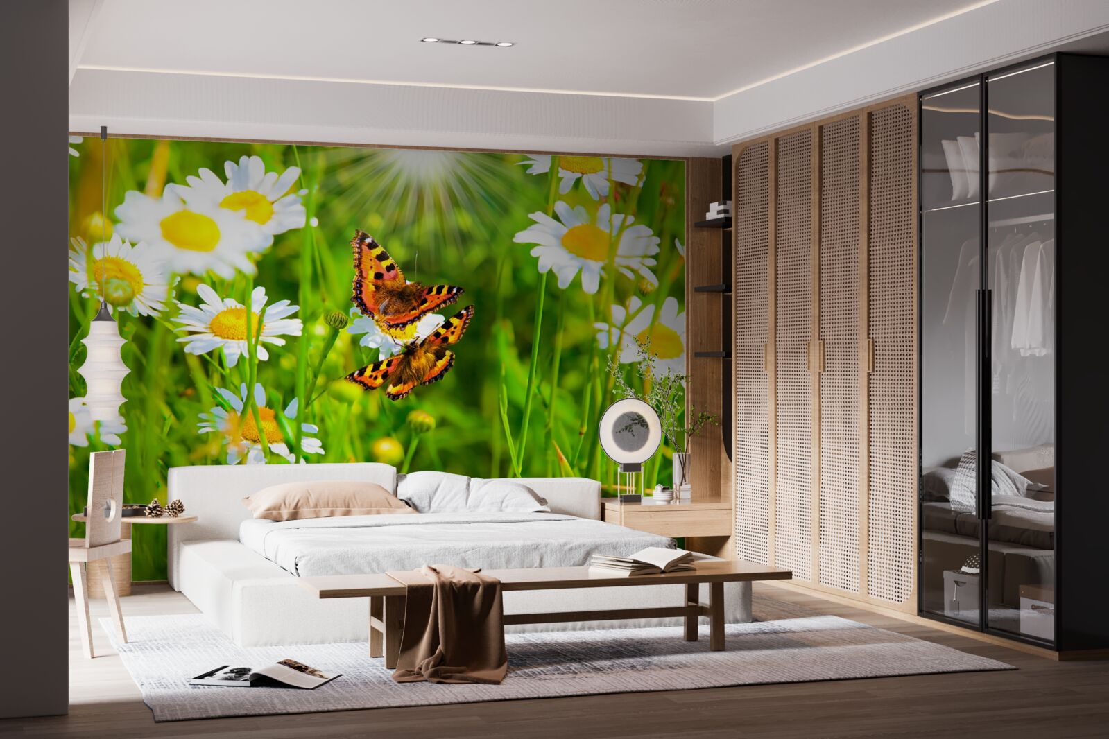 Fototapeta harmančeky na poli posiatom motýľmi