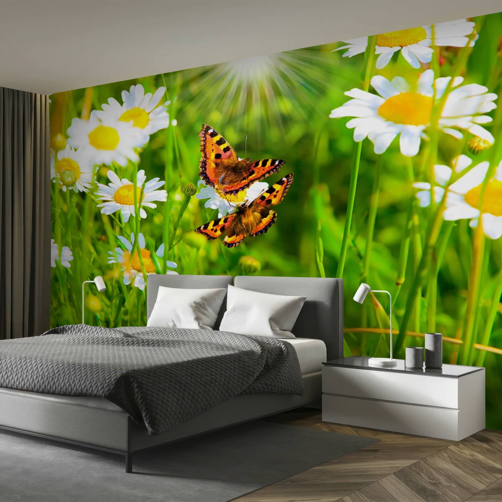 Fototapeta harmančeky na poli posiatom motýľmi