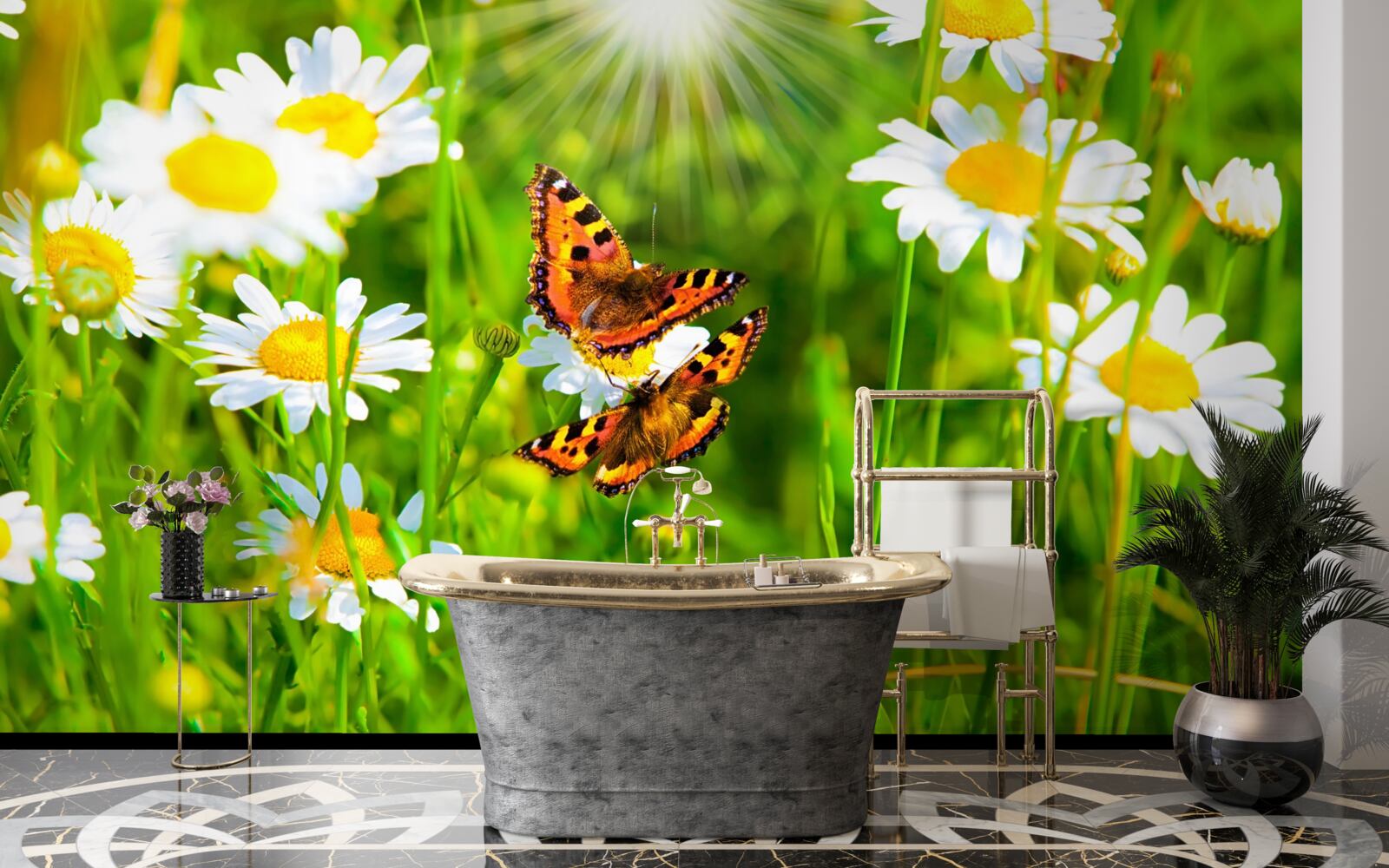 Fototapeta harmančeky na poli posiatom motýľmi