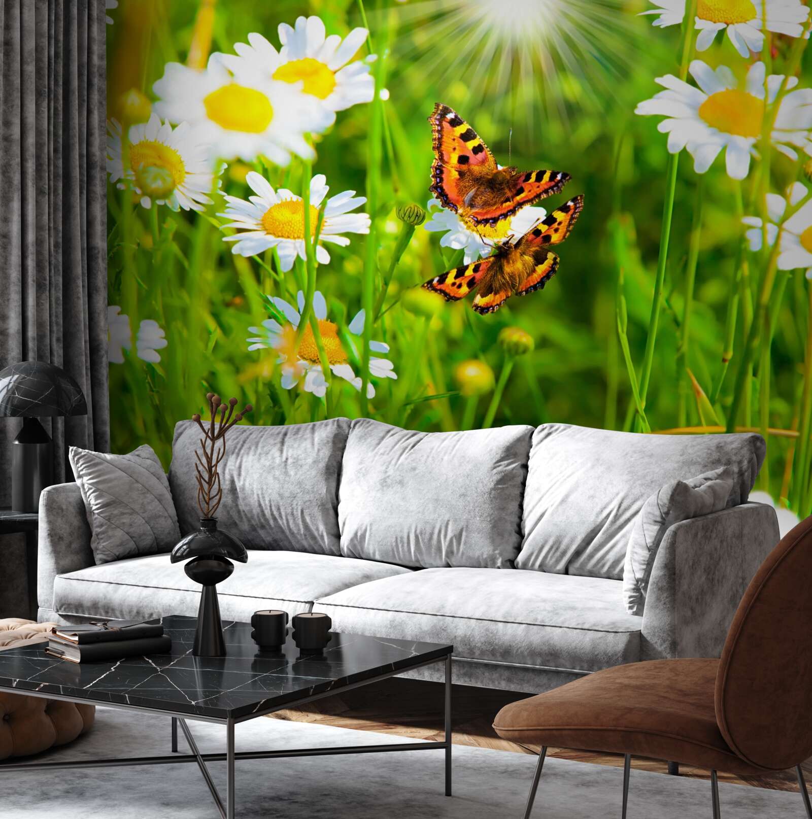 Fototapeta harmančeky na poli posiatom motýľmi