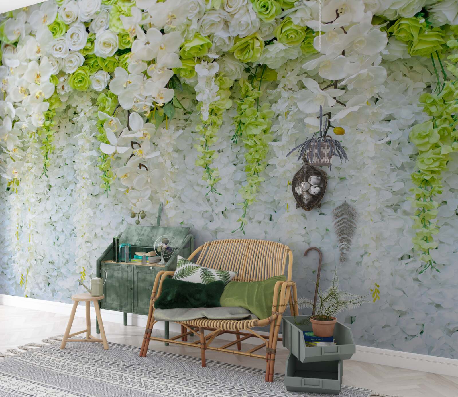 Fototapeta biele orchidey pokryli stenu kvetinovým kobercom