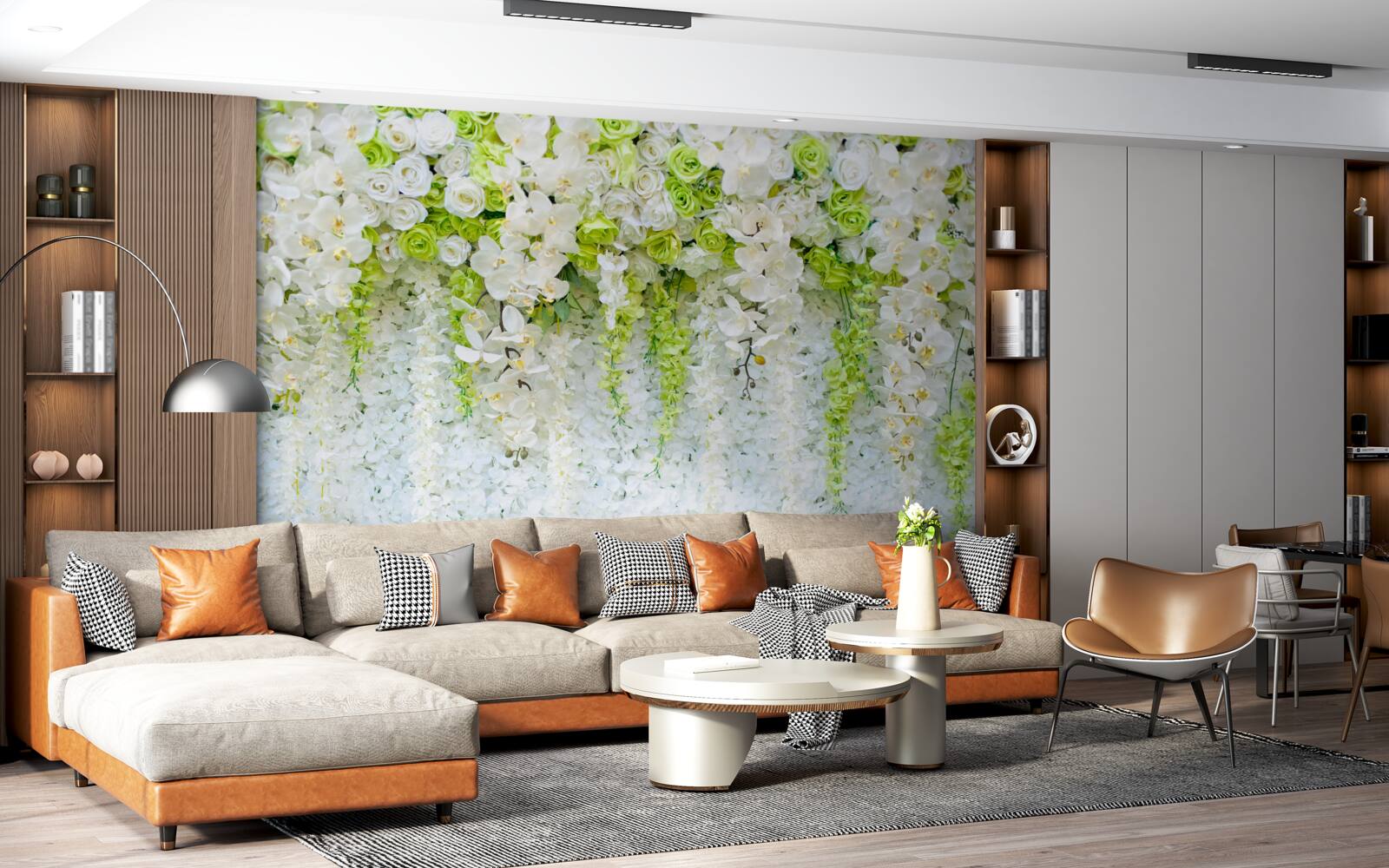 Fototapeta biele orchidey pokryli stenu kvetinovým kobercom