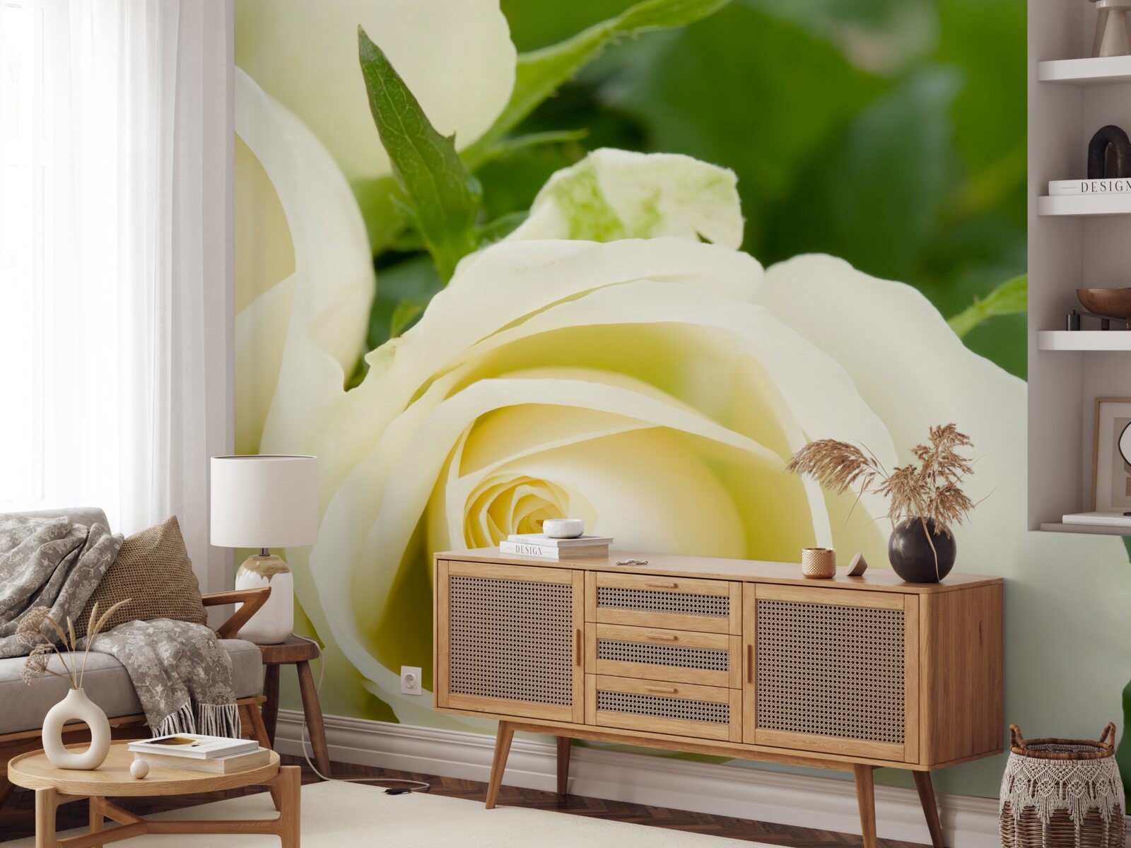 Fototapeta béžová ruža so zelenými listami