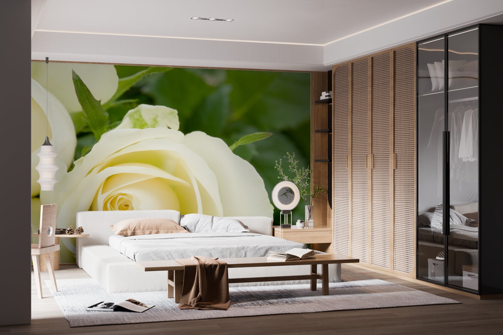 Fototapeta béžová ruža so zelenými listami