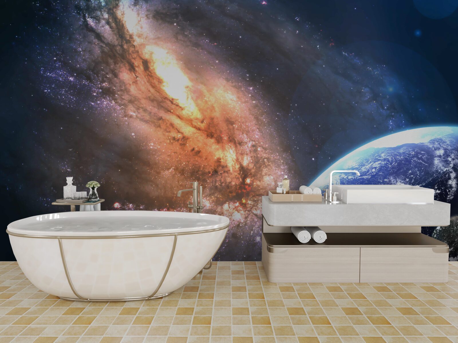 Fototapeta planéta, satelit a novoobjavená galaxia