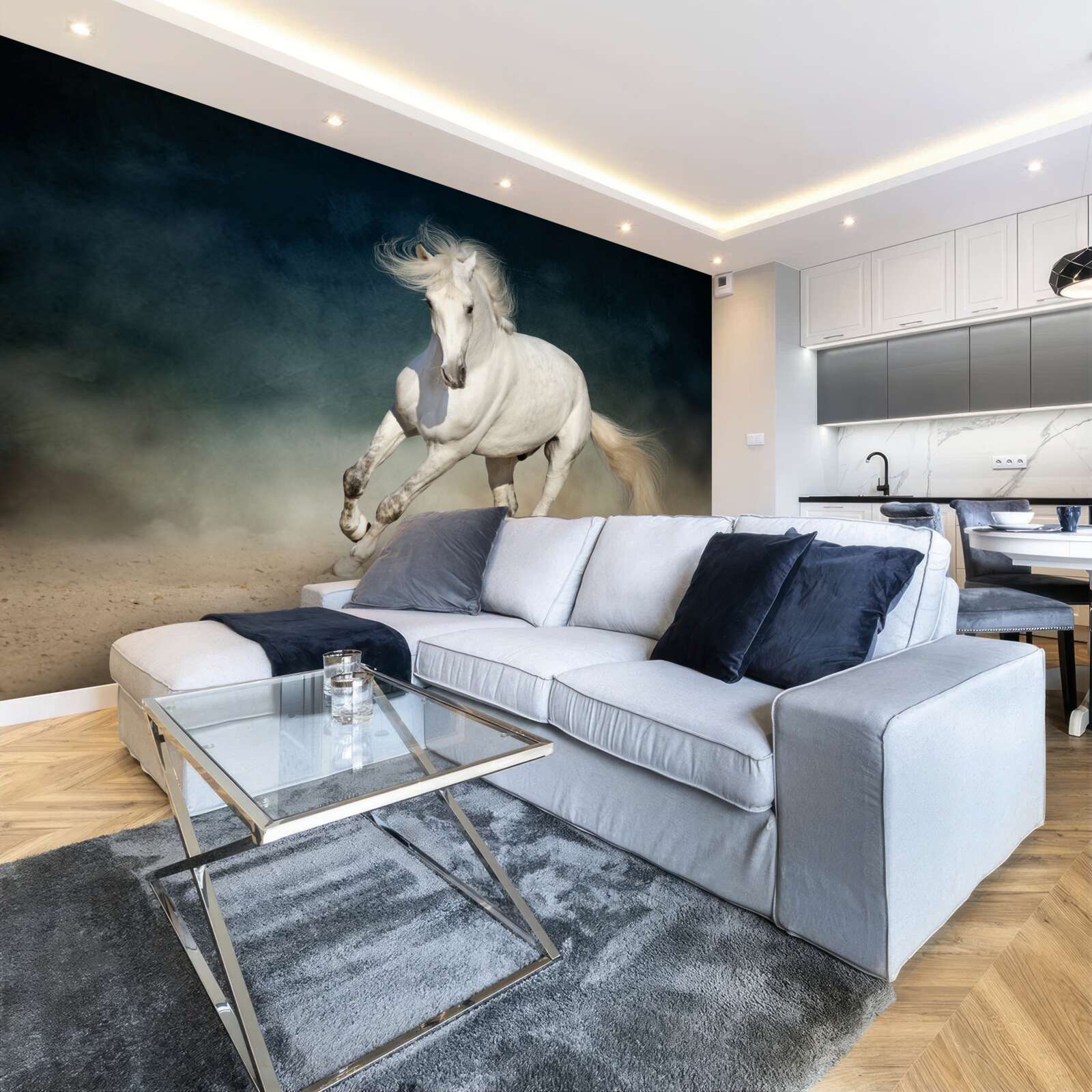 Fototapeta biely kôň cvála na otvorenom poli