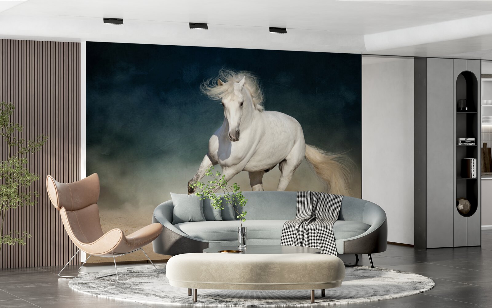 Fototapeta biely kôň cvála na otvorenom poli