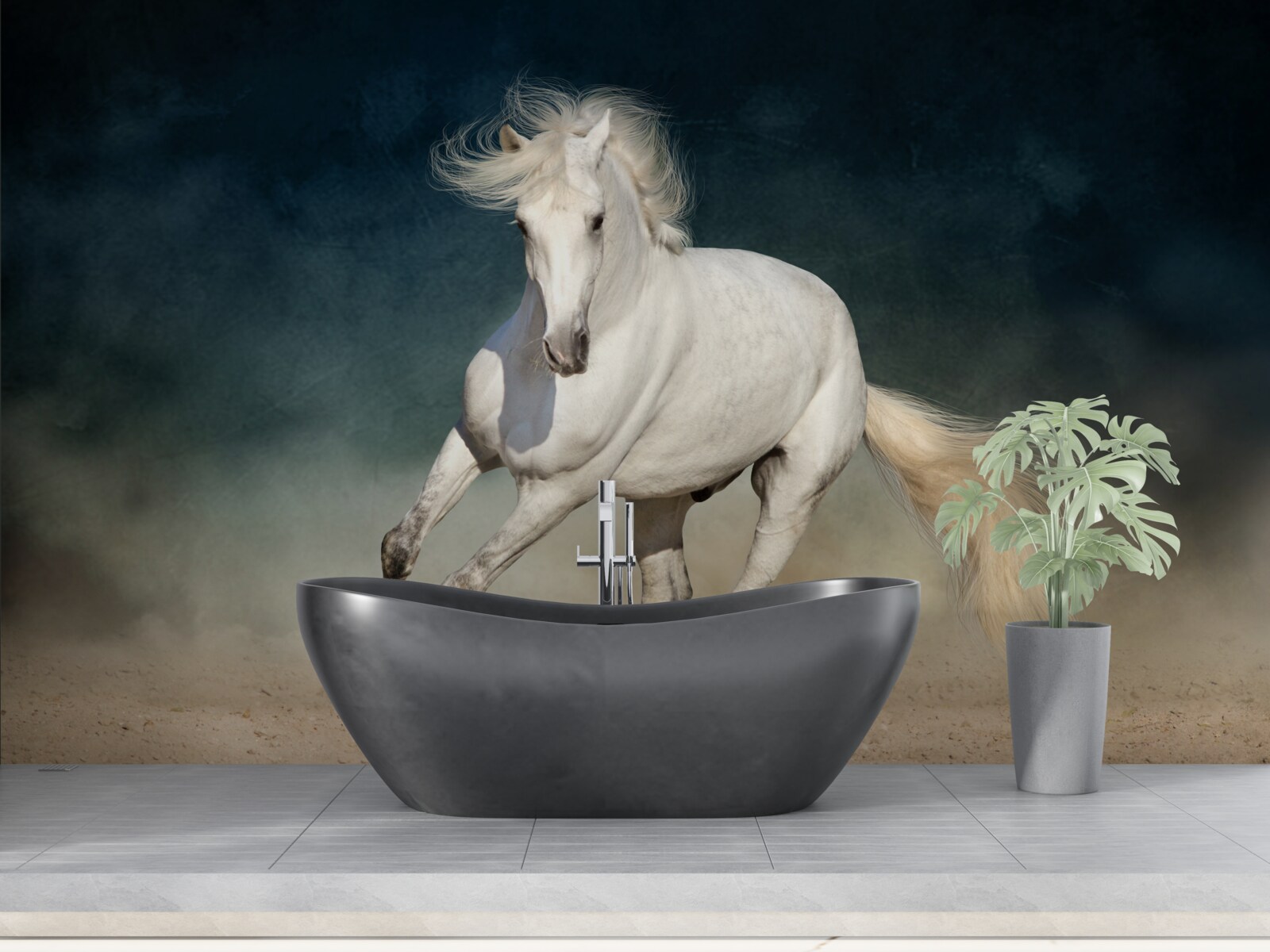 Fototapeta biely kôň cvála na otvorenom poli